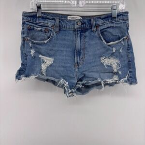 Abercrombie & Fitch The Mom Short Mid Rise Blue Distressed Denim Jean Shorts‎